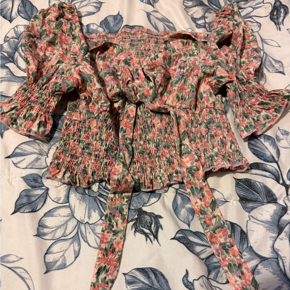 SHEIN Floral Smocked Blouse - Pink and Green